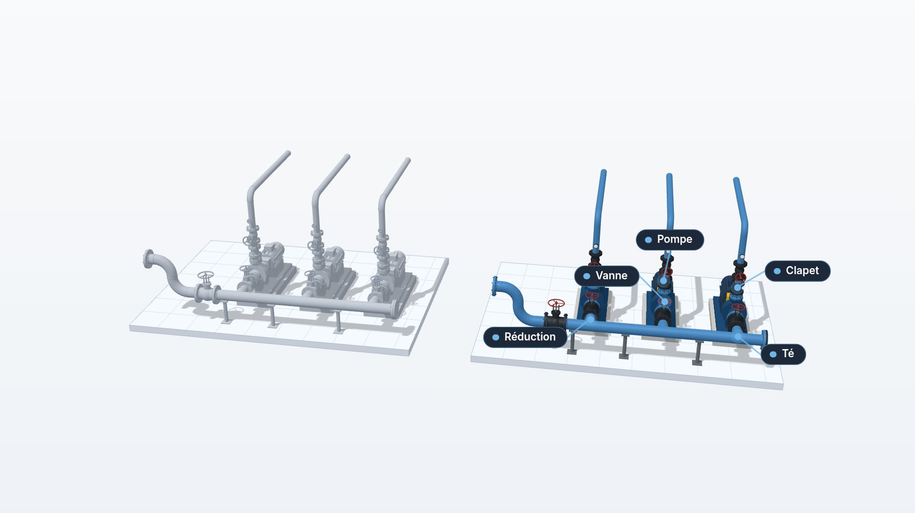 Une sous-station de pompage passe de volumes gris IFC à des éléments étiquetés du catalogue E3D.