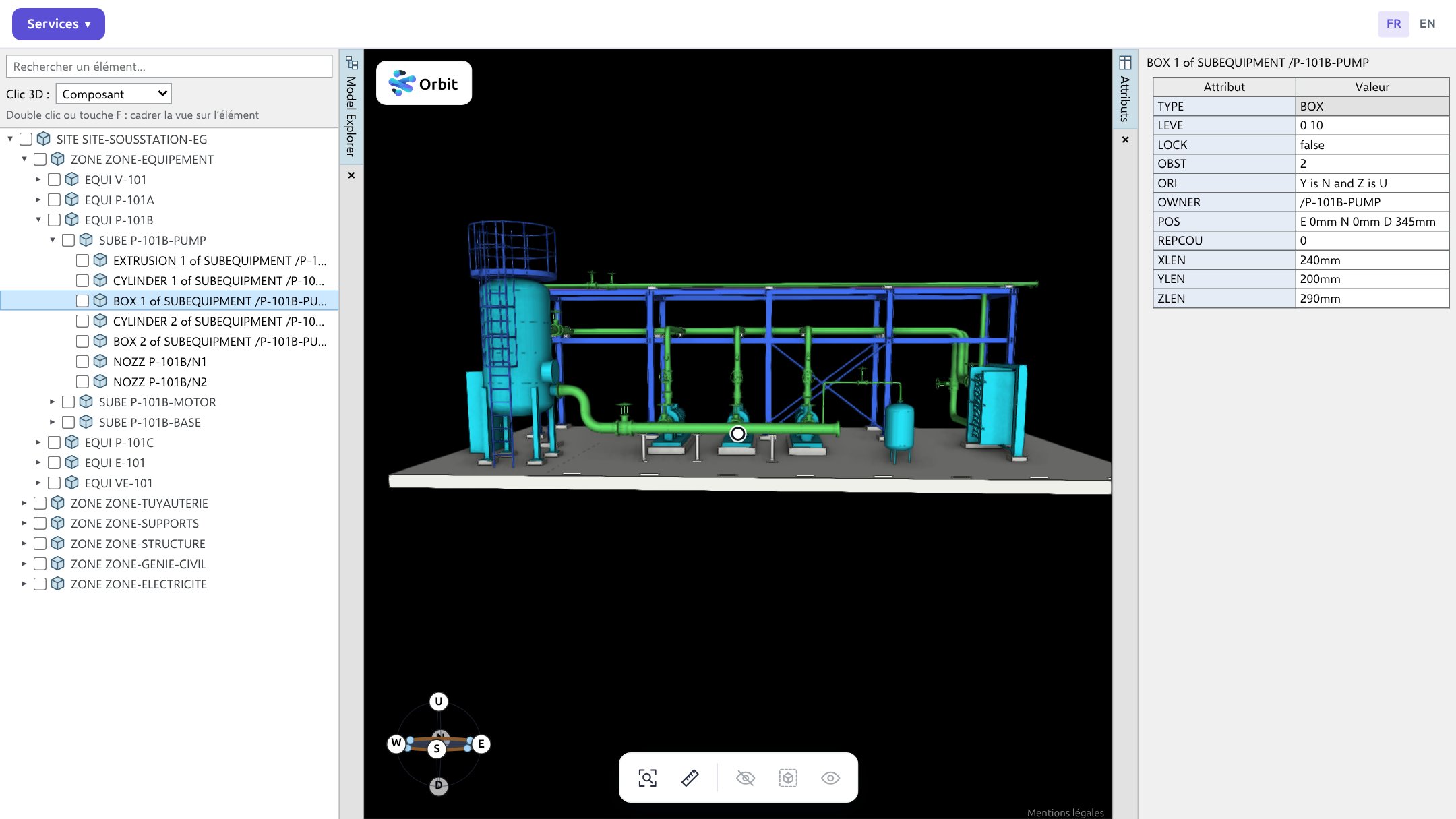 Orbit : l'arborescence du modèle E3D à gauche, une sous-station en 3D au centre, les attributs de l'élément sélectionné à droite.